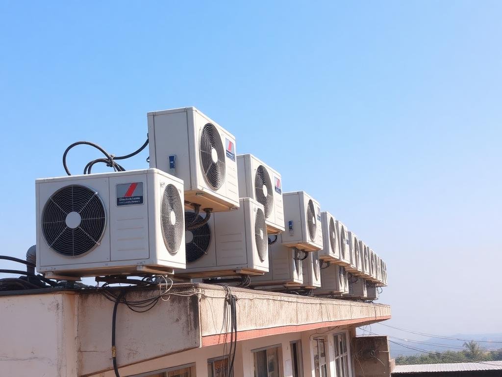Row of commercial AC outdoor units installed on a shop rooftop