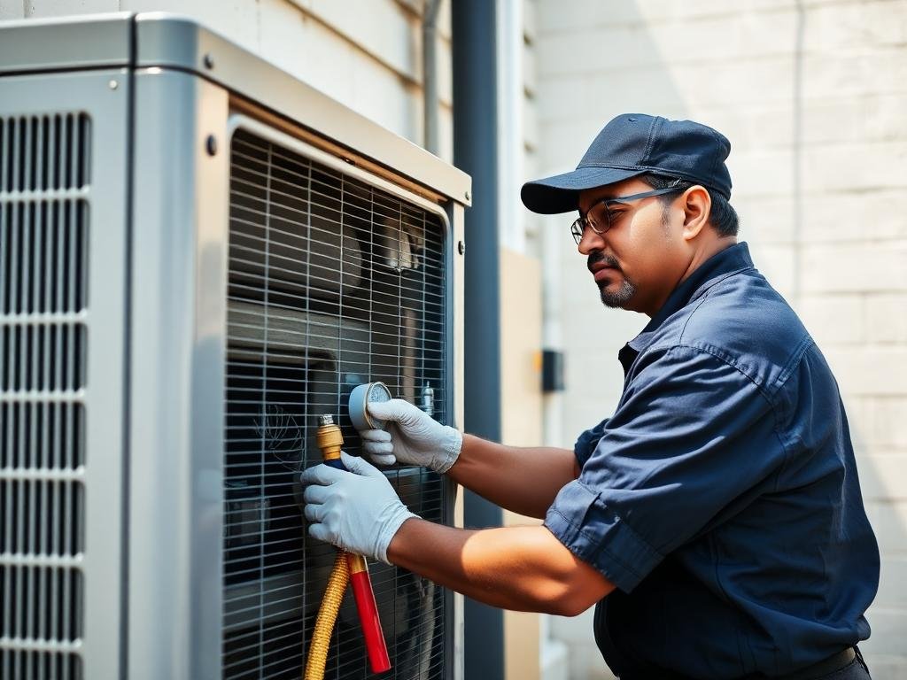 Technician from Thiru AC servicing an outdoor AC condenser unit